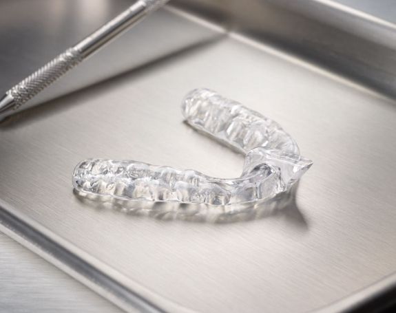 Clear nightguard for bruxism on metal tray